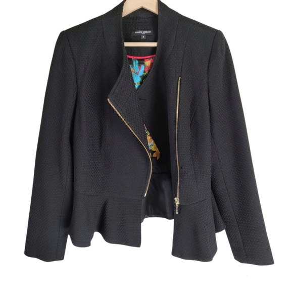 Mario Serrano Black Peplum Weave Pattern Zip-Up Blazer Jacket Size 8 - Picture 1 of 16